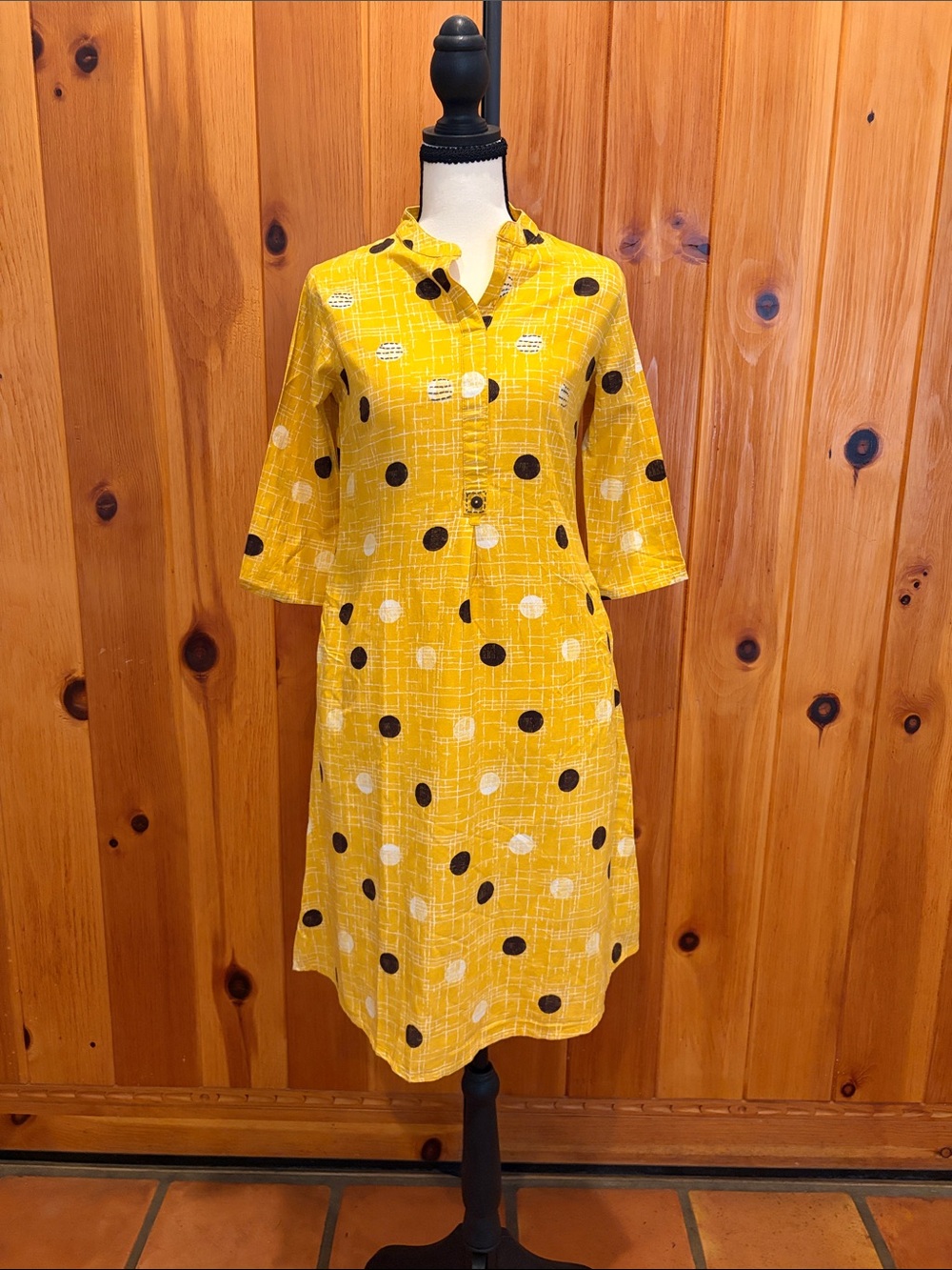 Rangmanch Mustard Yellow Polka Dot Midi Tunic Dress 3/4 Sleeve XS